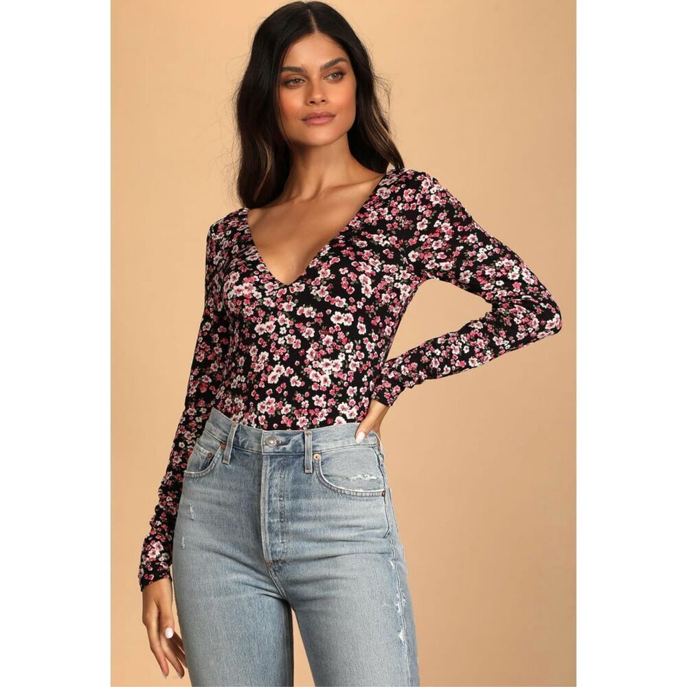 Lulus Bound to Bloom Black Floral Print Long Sleeve Bodysuit L